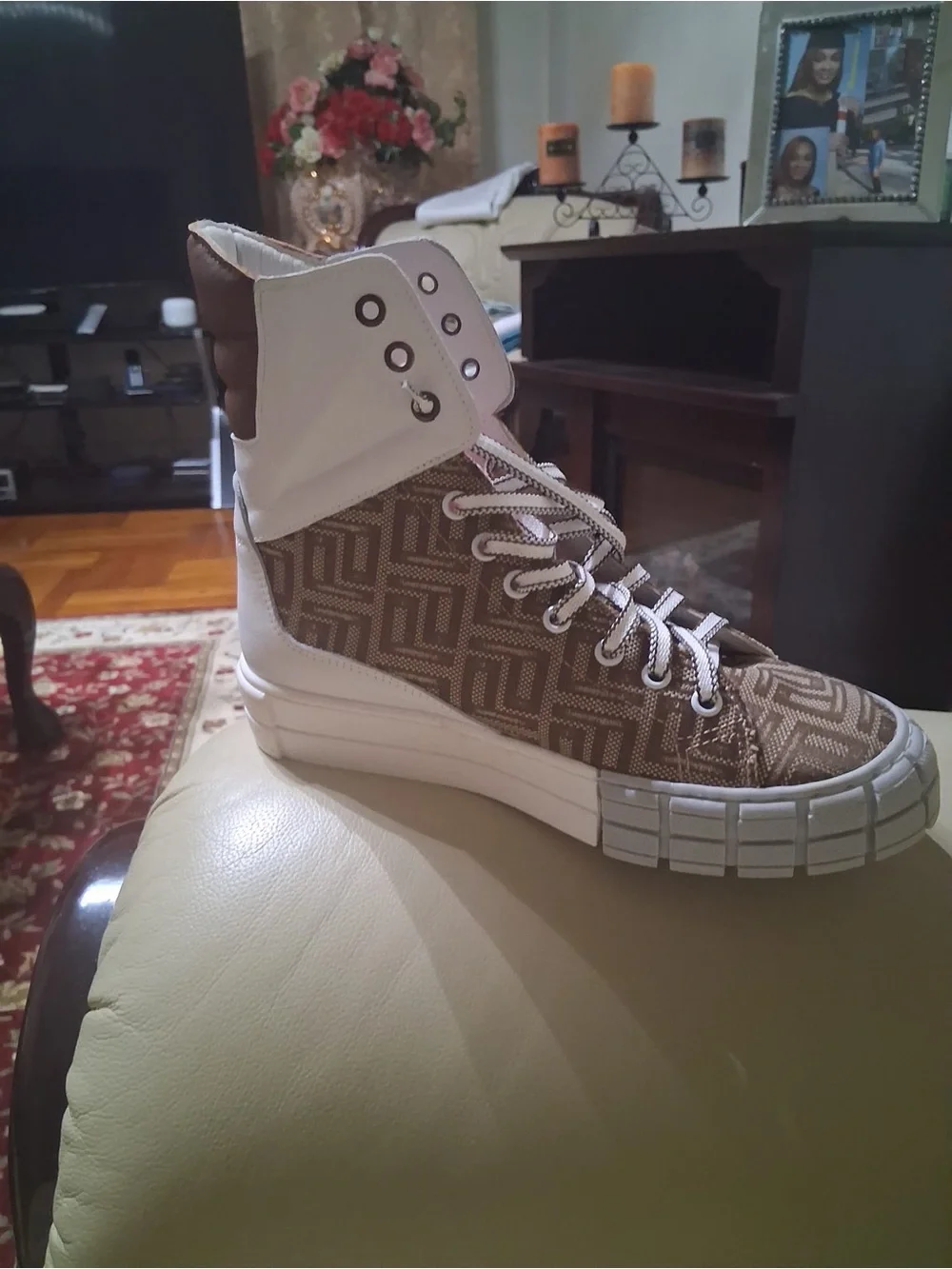 Men’s Brown Patterned High-Top Sneakers with Orange Accent